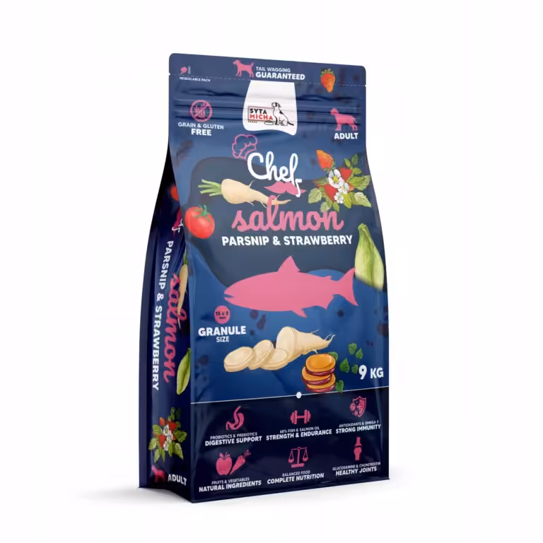 syta micha chef. sucha karma dla psa Łosoś, pasternak i truskawka 9kg