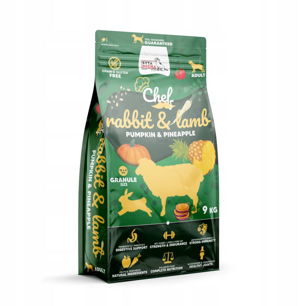 syta micha  chef. sucha karma dla psa królik i jagnięcina, dynia i ananas 9kg