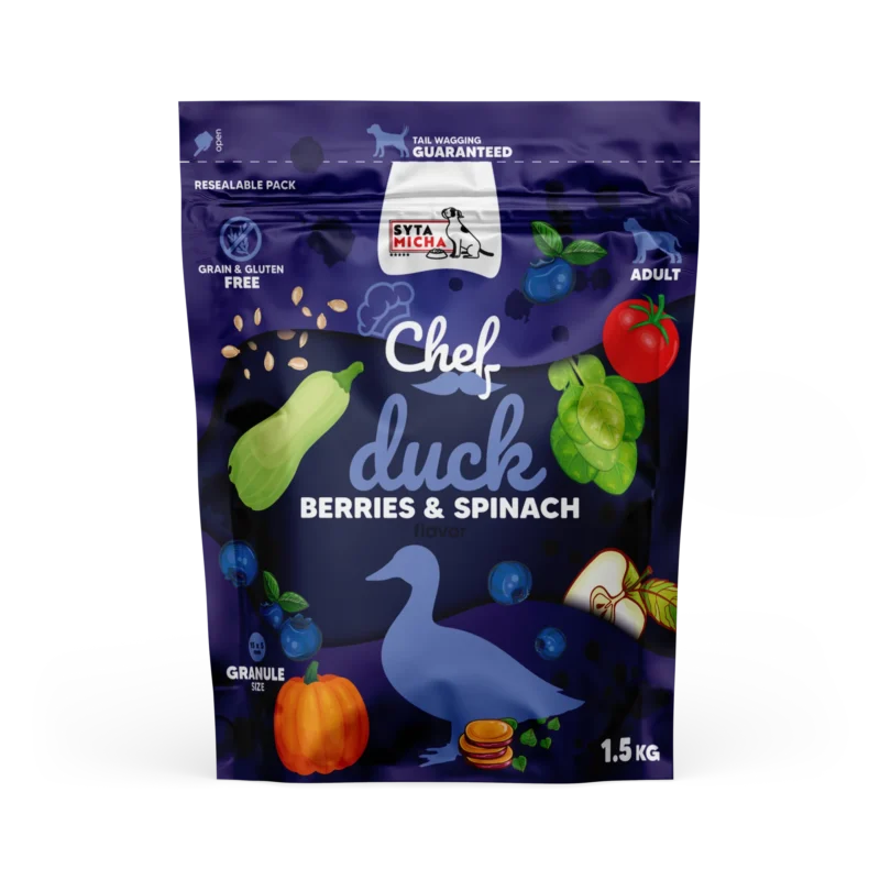 syta micha chef. sucha karma dla psa kaczka, jagody i szpinak 1.5kg