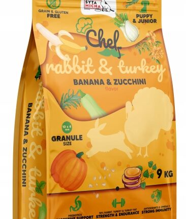 syta micha sucha karma dla szczeniąt królik i indyk, banan i cukinia 9kg