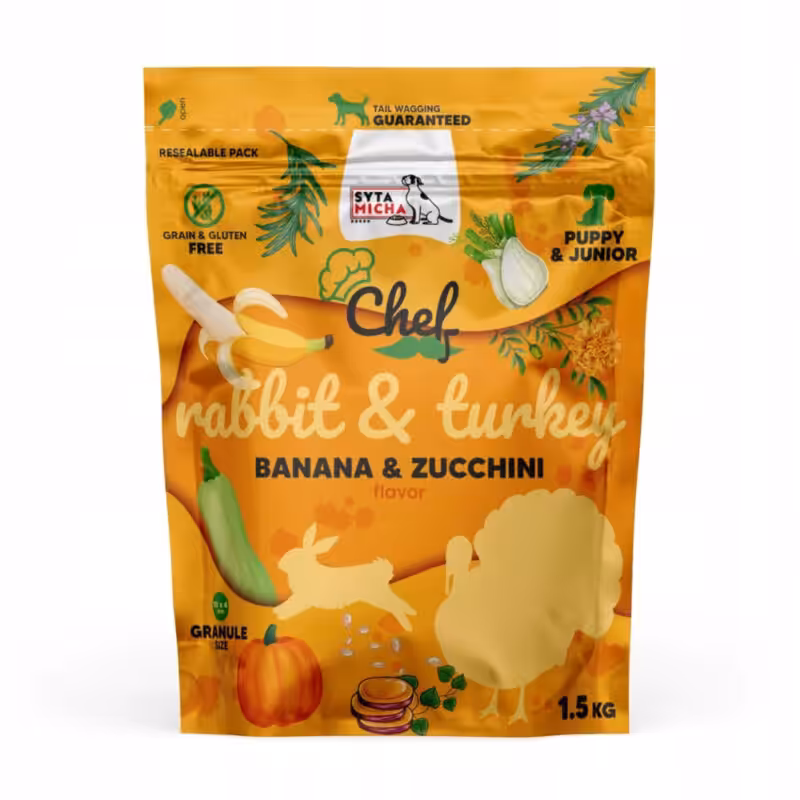 syta micha chef.  sucha karma dla szczeniąt królik i indyk, banan i cukinia 1.5kg