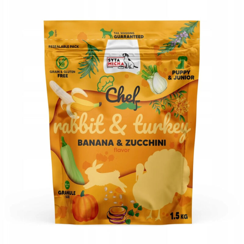 syta micha chef.  sucha karma dla szczeniąt królik i indyk, banan i cukinia 1.5kg