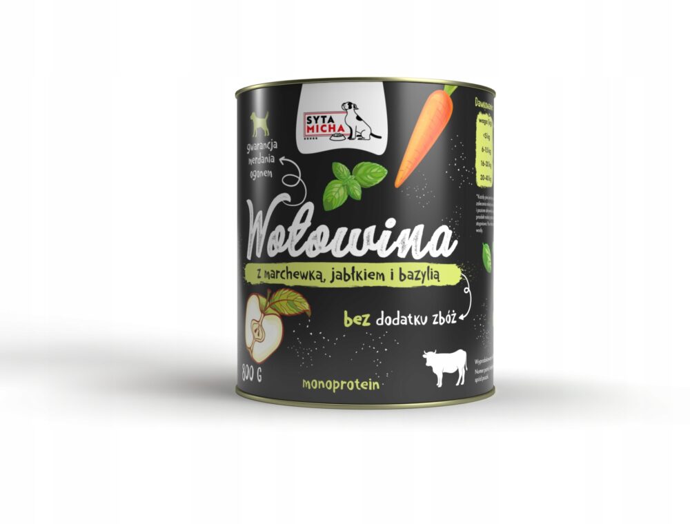 syta micha. karma mokra dla psa wołowina z marchewką, jabłkiem i bazylią 800g