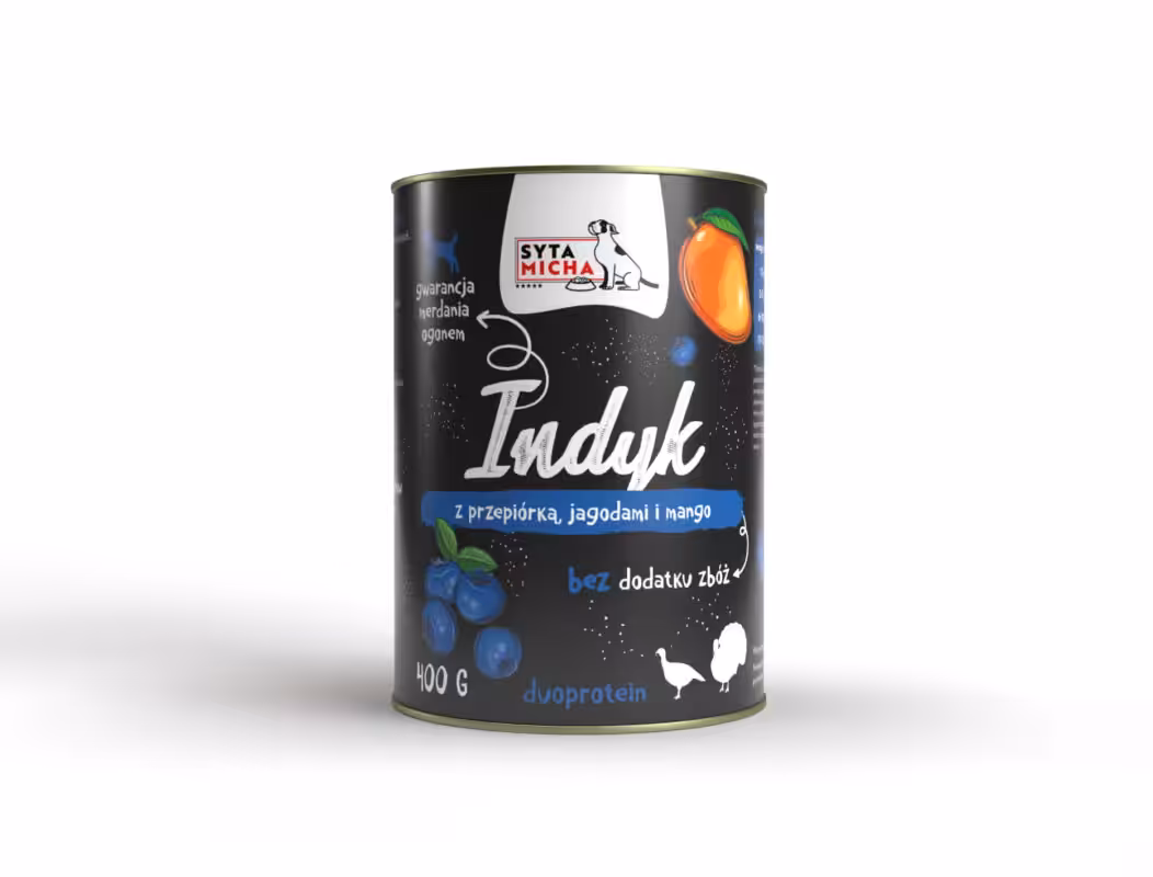 syta micha. karma mokra dla psa indyk z jagodami i mango 400g