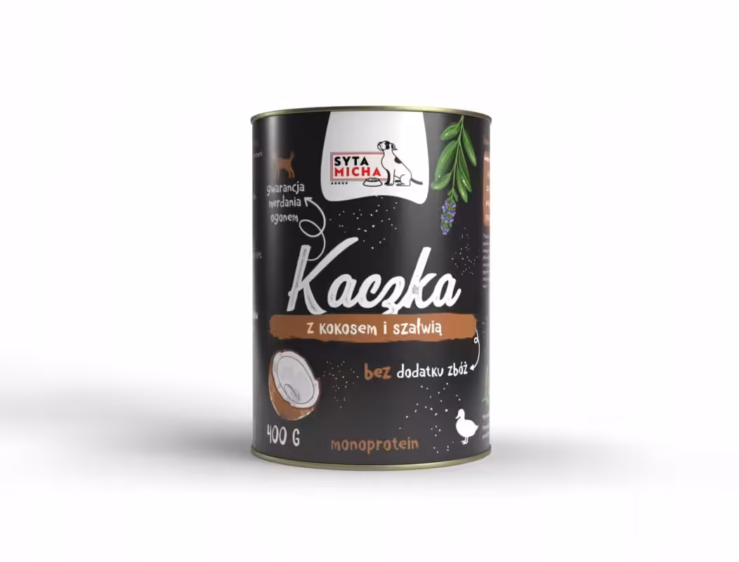 syta micha. karma mokra dla psa kaczka z kokosem i szałwią 400g