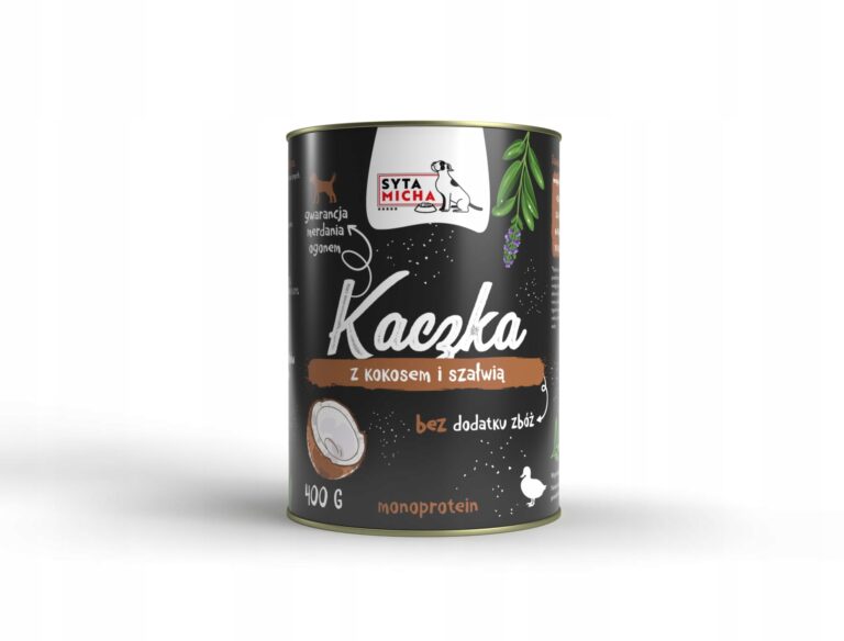syta micha. karma mokra dla psa kaczka z kokosem i szałwią 400g