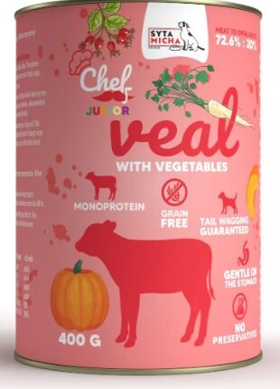 syta micha chef.  mokra karma dla psa cielęcina z warzywami junior 400g