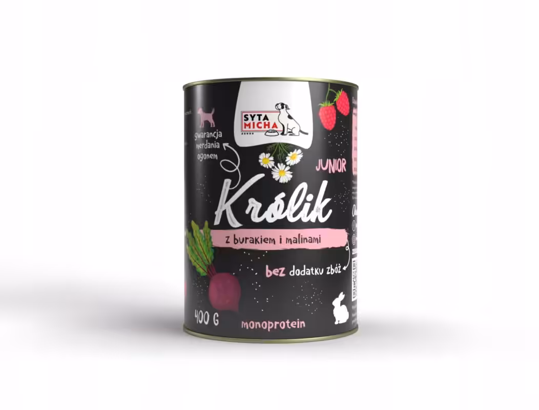 syta micha. karma mokra dla szczeniąt królik z burakiem i malinami 400g