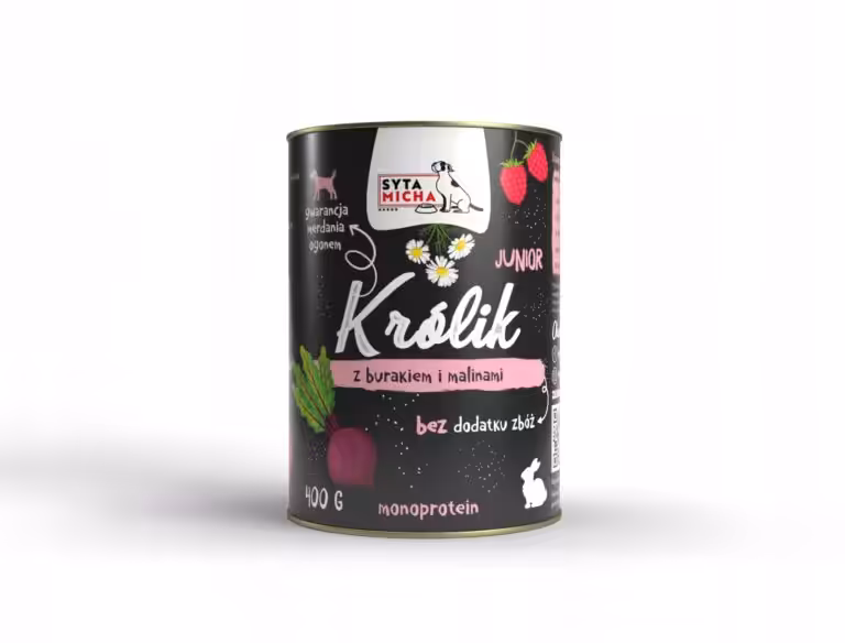 syta micha. karma mokra dla szczeniąt królik z burakiem i malinami 400g