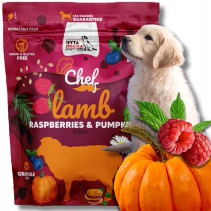 syta micha chef. sucha karma dla szczeniąt jagnięcina, malina i dynia 1.5kg