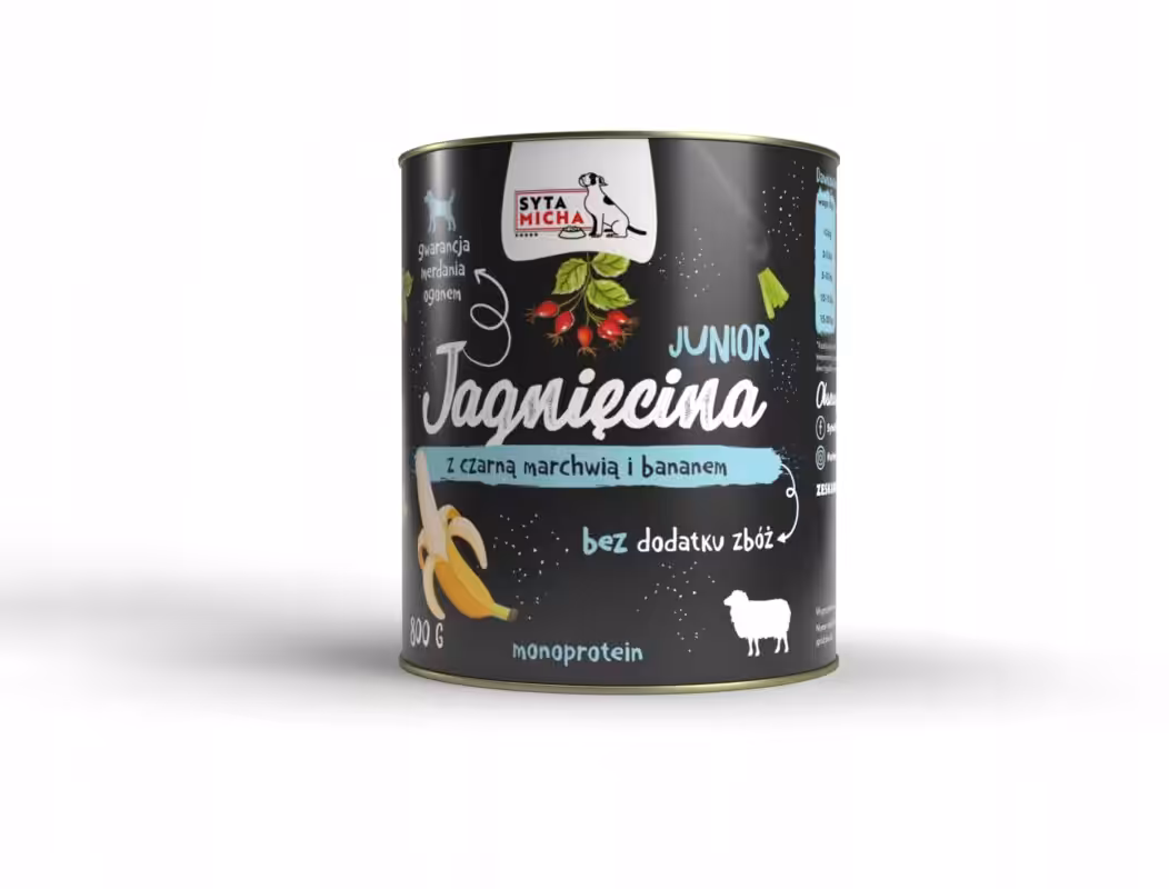 syta micha.karma mokra dla szczeniąt jagnięcina z czarną marchwią i bananem 800g