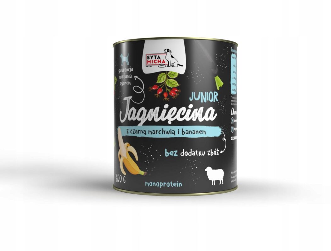 syta micha.karma mokra dla szczeniąt jagnięcina z czarną marchwią i bananem 800g
