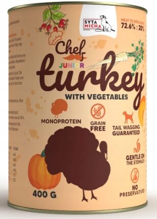 syta micha chef. mokra karma dla psa indyk z warzywami junior 400g