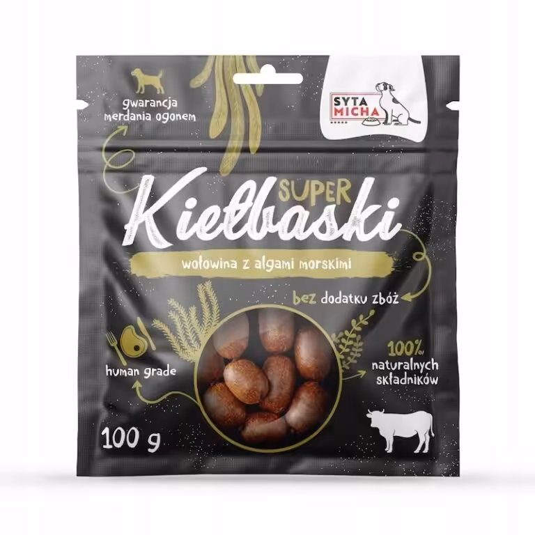 syta micha. super kiełbaski dla psa z wołowiną i algami morskimi 100g