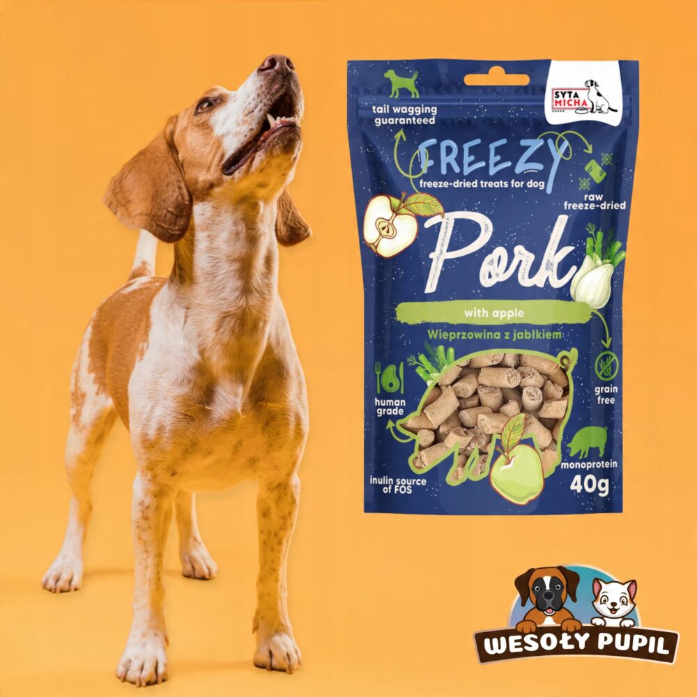 syta micha. liofilizowane przysmaki dla psa wieprzowina z jabłkiem freezy 40g