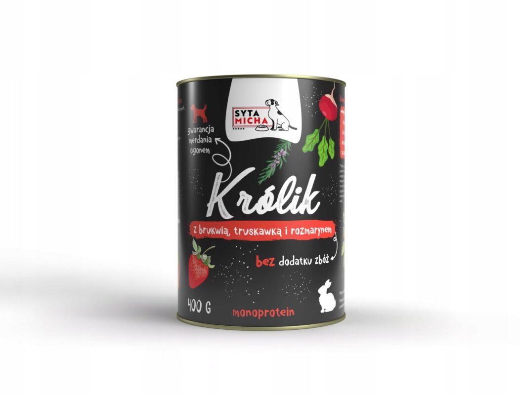 syta micha.  karma mokra dla psa królik z brukwią, truskawką i rozmarynem 400g