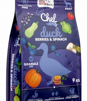 syta micha chef. sucha karma dla psa kaczka, jagody i szpinak 9kg