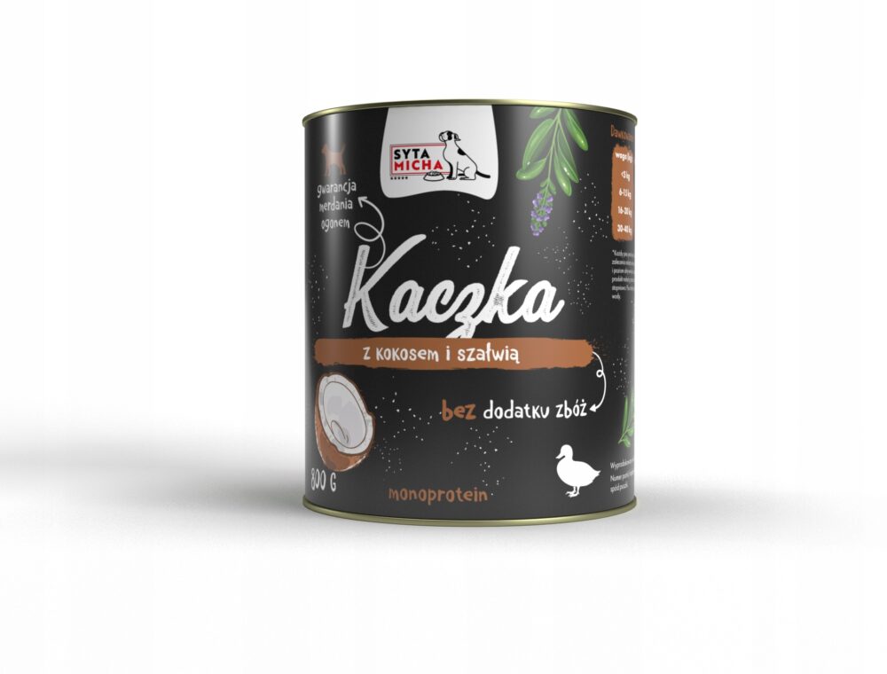 syta micha. karma mokra dla psa kaczka z kokosem i szałwią 800g