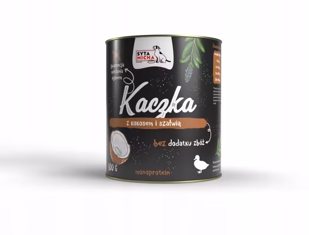 syta micha. karma mokra dla psa kaczka z kokosem i szałwią 800g