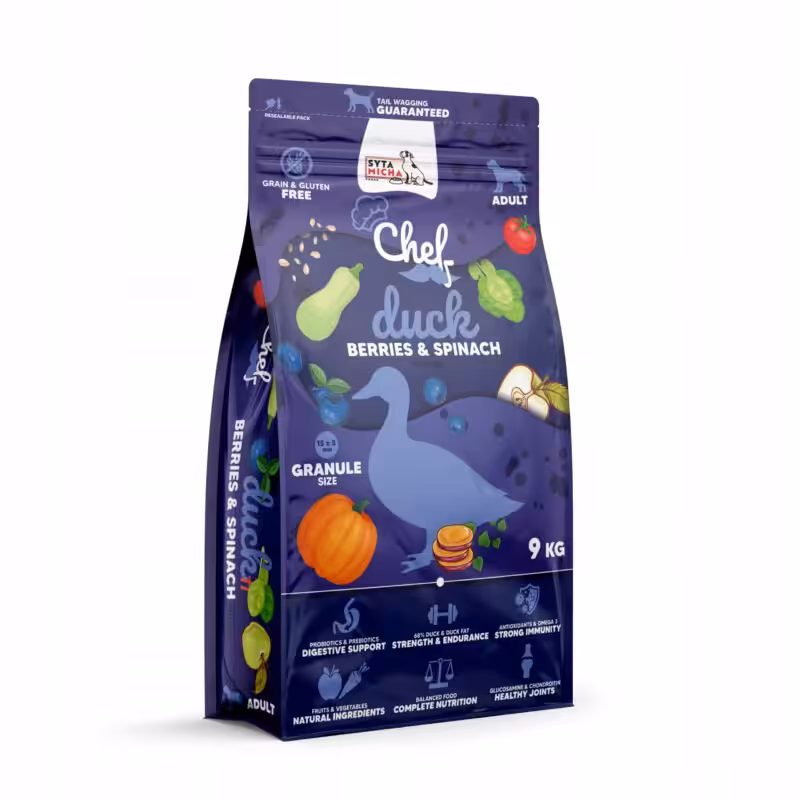 syta micha chef. sucha karma dla psa kaczka, jagody i szpinak 9kg