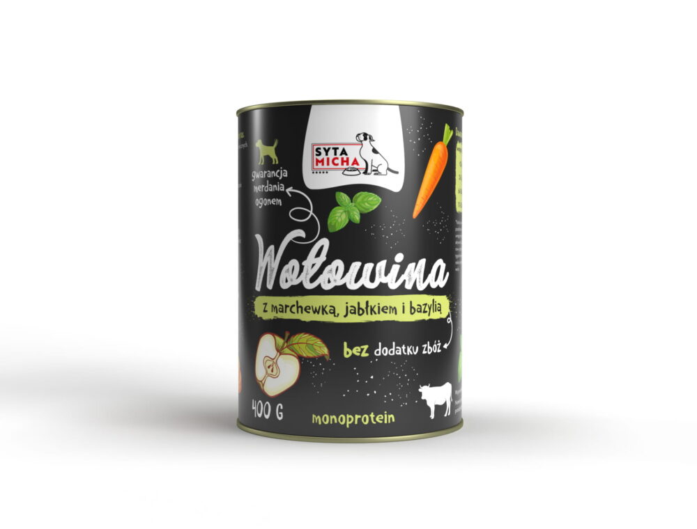syta micha. karma mokra dla psa wołowina z marchewką, jabłkiem i bazylią 400g