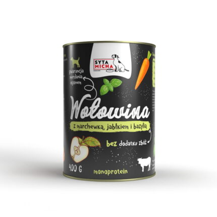 syta micha. karma mokra dla psa wołowina z marchewką, jabłkiem i bazylią 400g