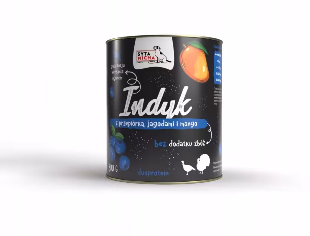 syta micha. karma mokra dla psa indyk z jagodami i mango 800g
