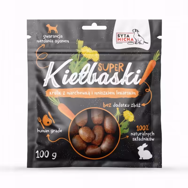 syta micha. super kiełbaski dla psa z królikiem, marchewką i mniszkiem 100g