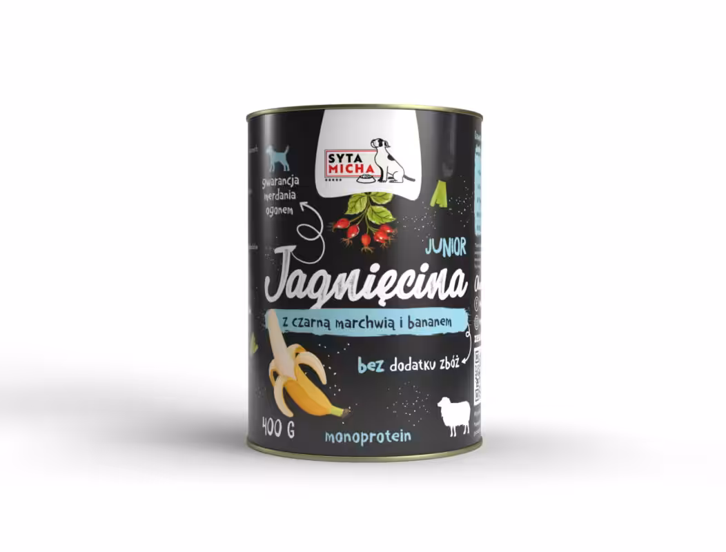 syta micha. karma mokra dla szczeniąt jagnięcina z czarną marchwią i bananem 400g