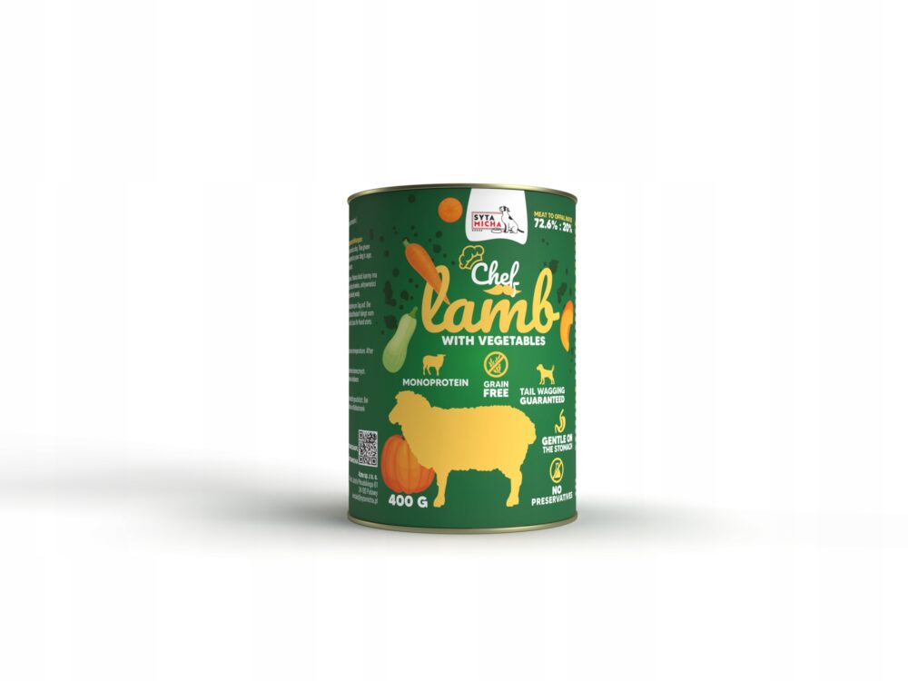 syta micha chef. mokra karma dla psa jagnięcina z warzywami 400g