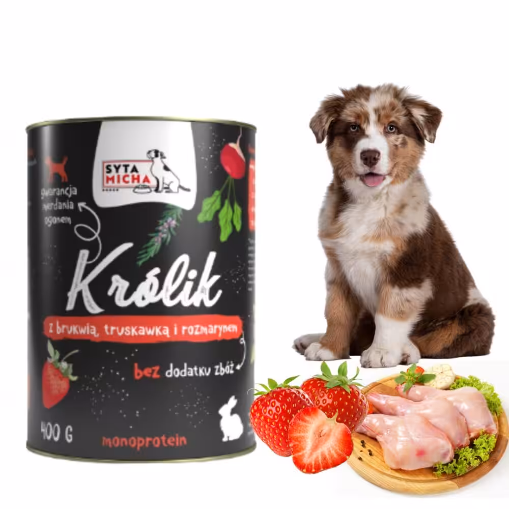 syta micha.  karma mokra dla psa królik z brukwią, truskawką i rozmarynem 400g