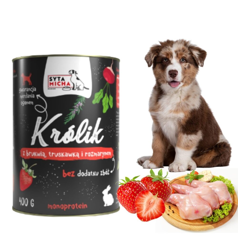 syta micha.  karma mokra dla psa królik z brukwią, truskawką i rozmarynem 400g
