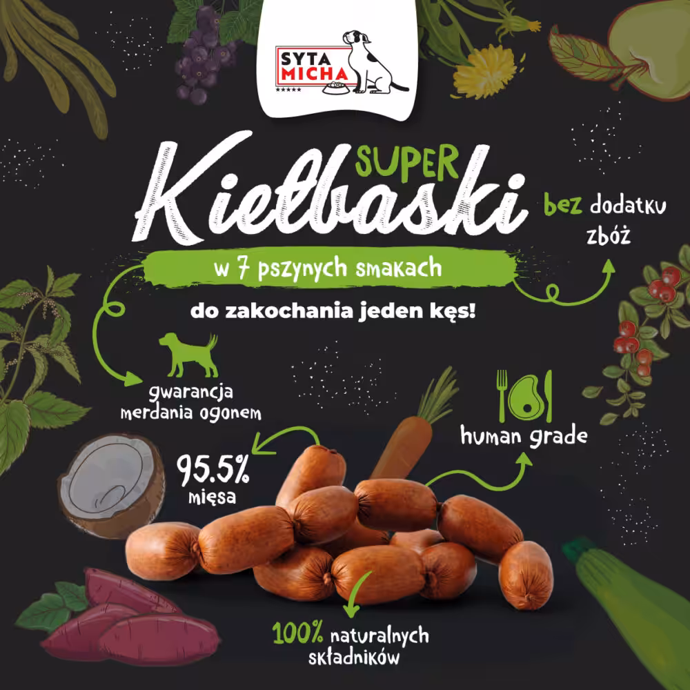 syta micha. super kiełbaski dla psa z pstrągiem, batatem, cukinią i kokosem 100g