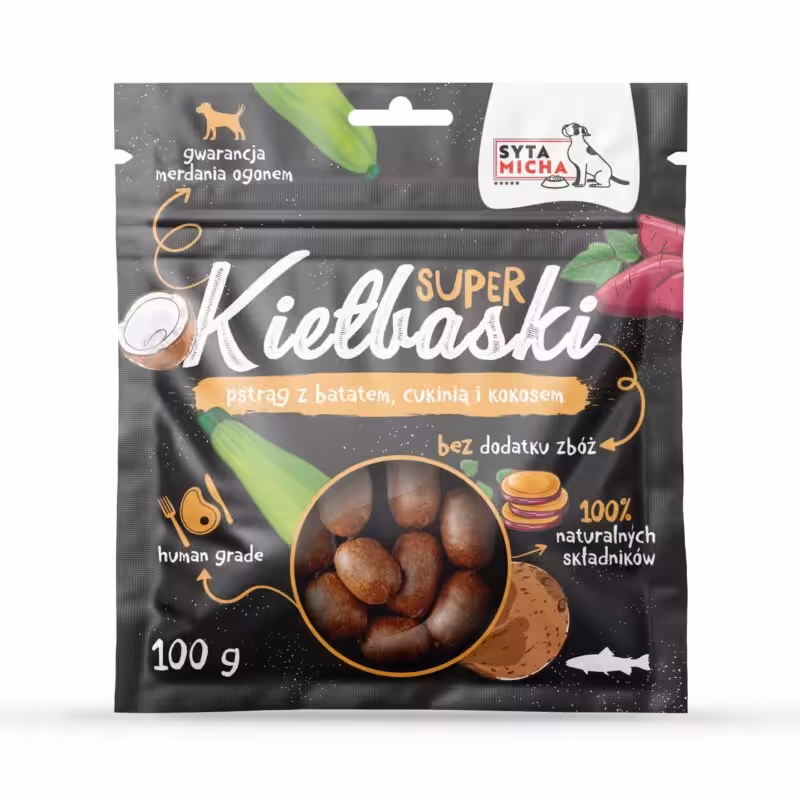 syta micha. super kiełbaski dla psa z pstrągiem, batatem, cukinią i kokosem 100g
