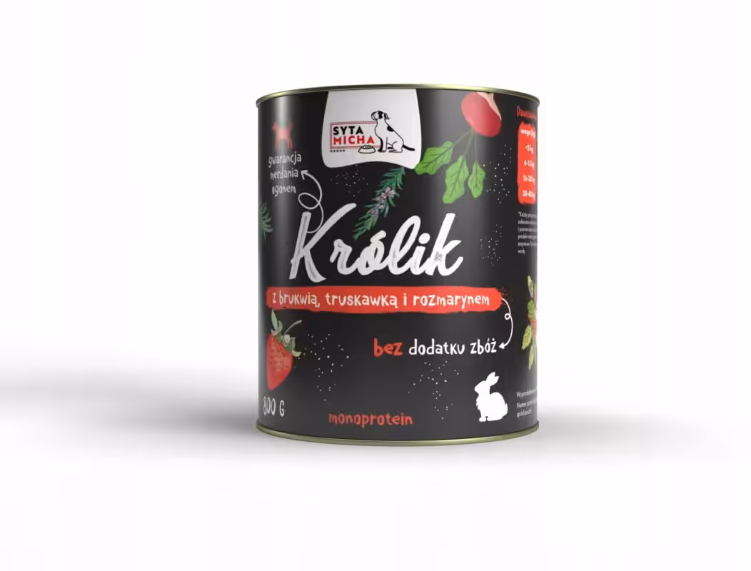 syta micha. karma mokra dla psa królik z brukwią, truskawką i rozmarynem 800g