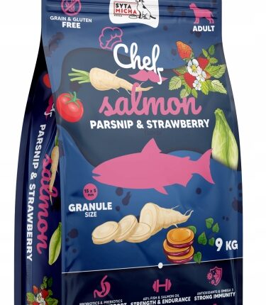 syta micha. sucha karma dla psa Łosoś, pasternak i truskawka 9kg