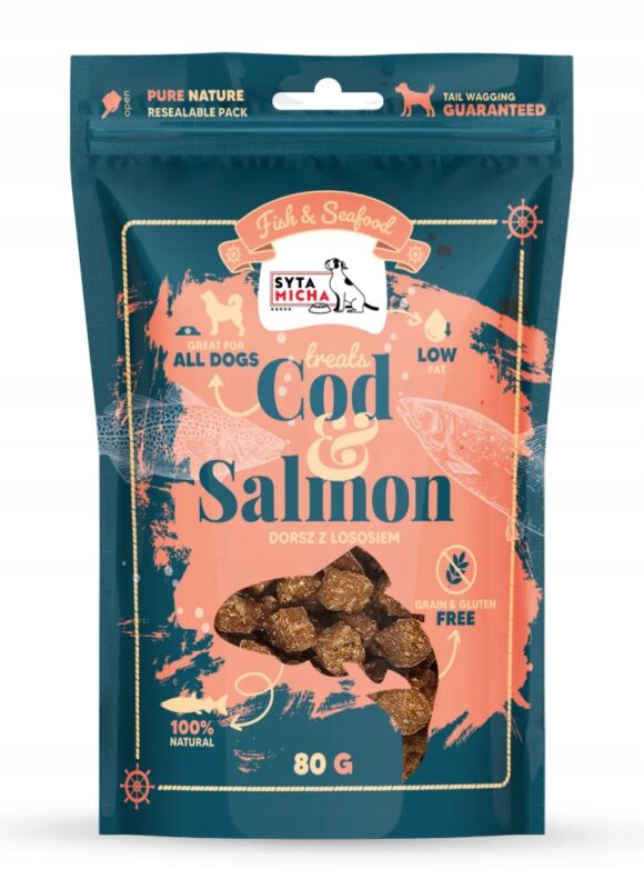 syta micha.  fish & seafood przysmaki dorsz z łososiem dla psa 80g