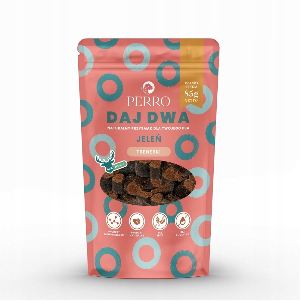 perro daj dwa przysmaki suszone dla psa trenerki jeleń 85g