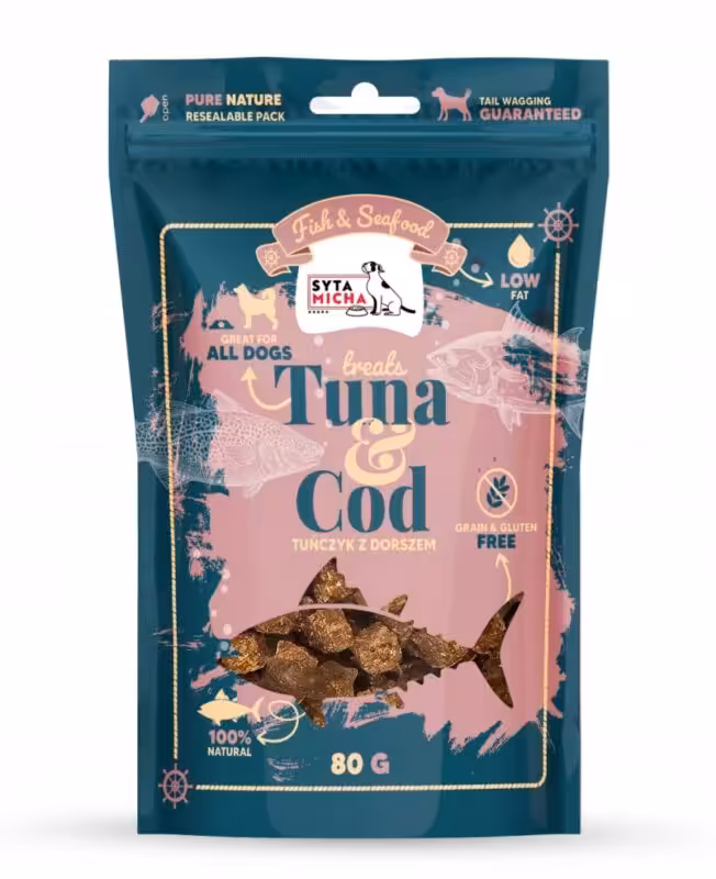 syta micha fish & seafood przysmaki dorsz z tuńczykiem dla psa 80g